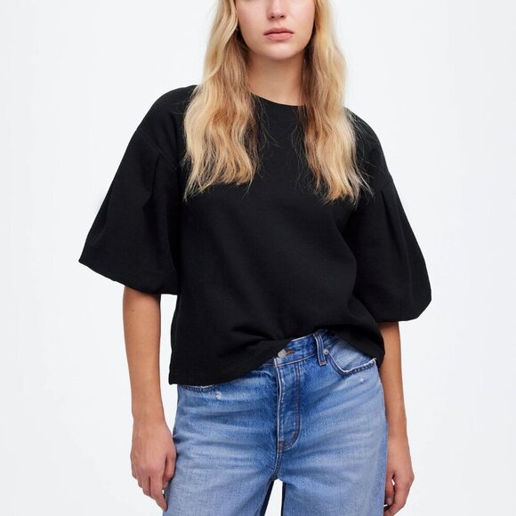 Madewell Puff-Sleeve Cotton Blend Crewneck Sweatshirt Tee Black Size S NWT - Picture 1 of 8